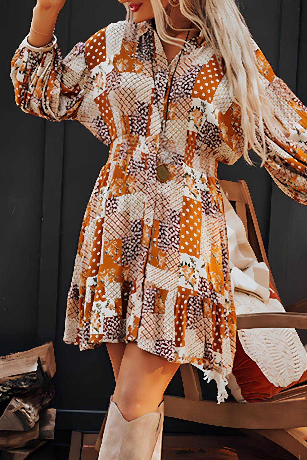 Printed Collared Neck Three-Quarter Sleeve Mini Shirt Dress - Delanoir