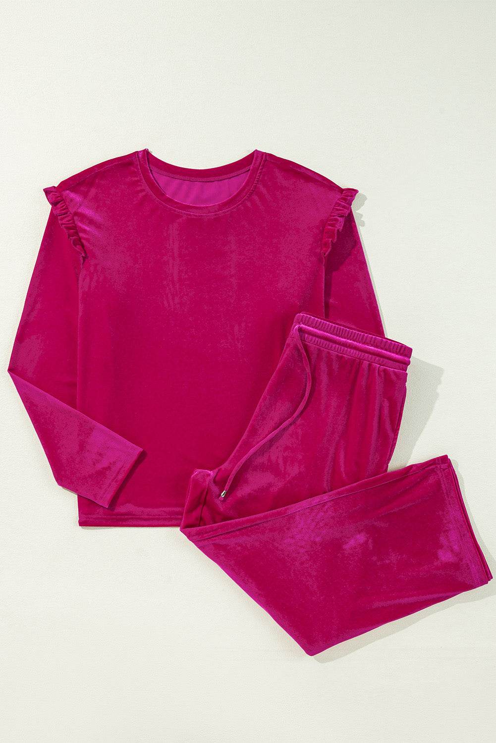 Frill Round Neck Long Sleeve Top and Pants Set - Delanoir