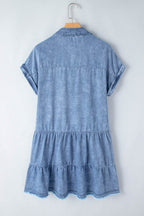 Raw Hem Collared Neck Short Sleeve Denim Dress - Delanoir