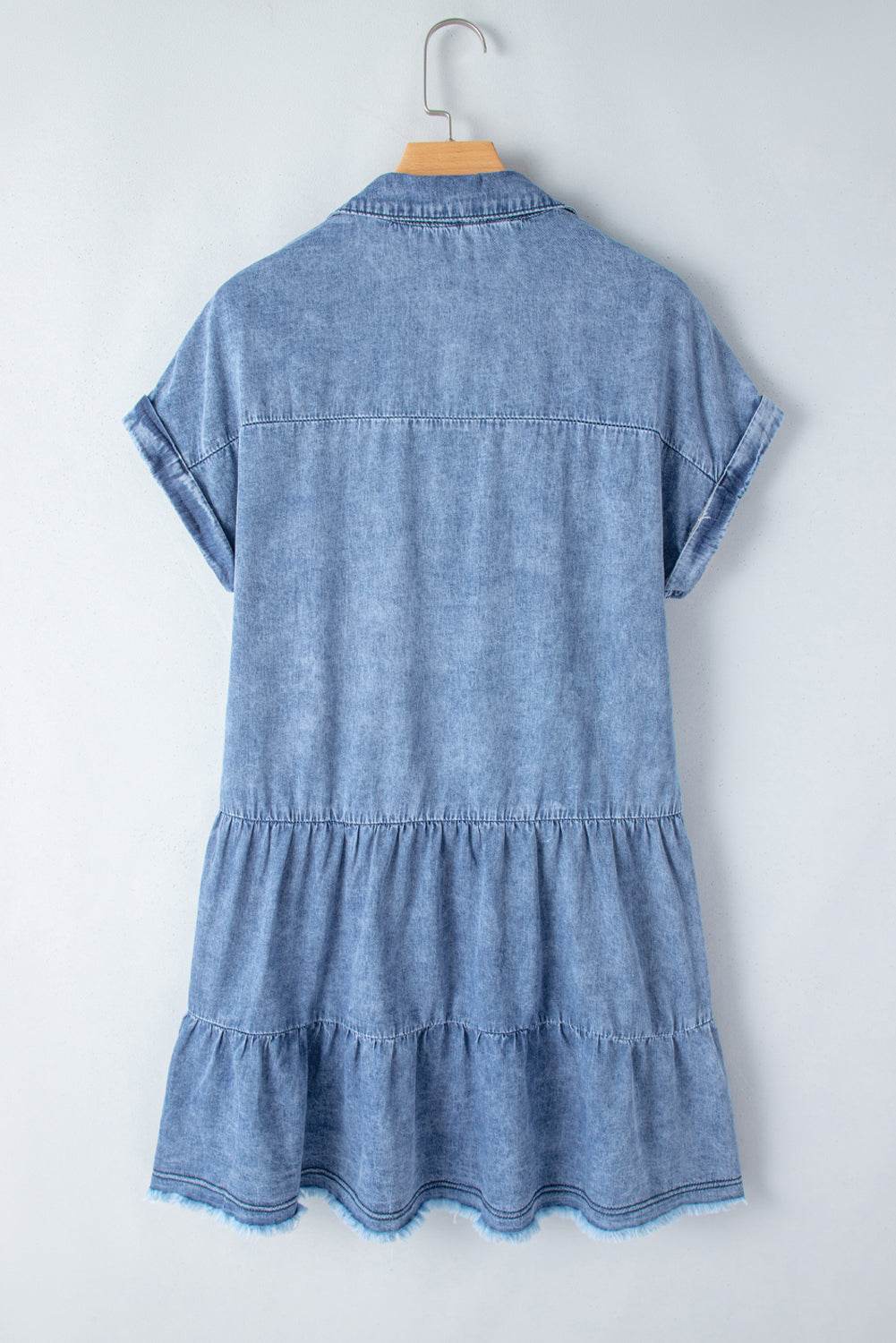 Raw Hem Collared Neck Short Sleeve Denim Dress - Delanoir