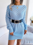 Openwork Boat Neck Sweater Dress - Delanoir