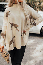 Animal Pattern Mock Neck Long Sleeve Slit Sweater - Delanoir