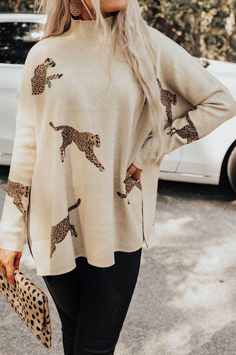 Animal Pattern Mock Neck Long Sleeve Slit Sweater - Delanoir
