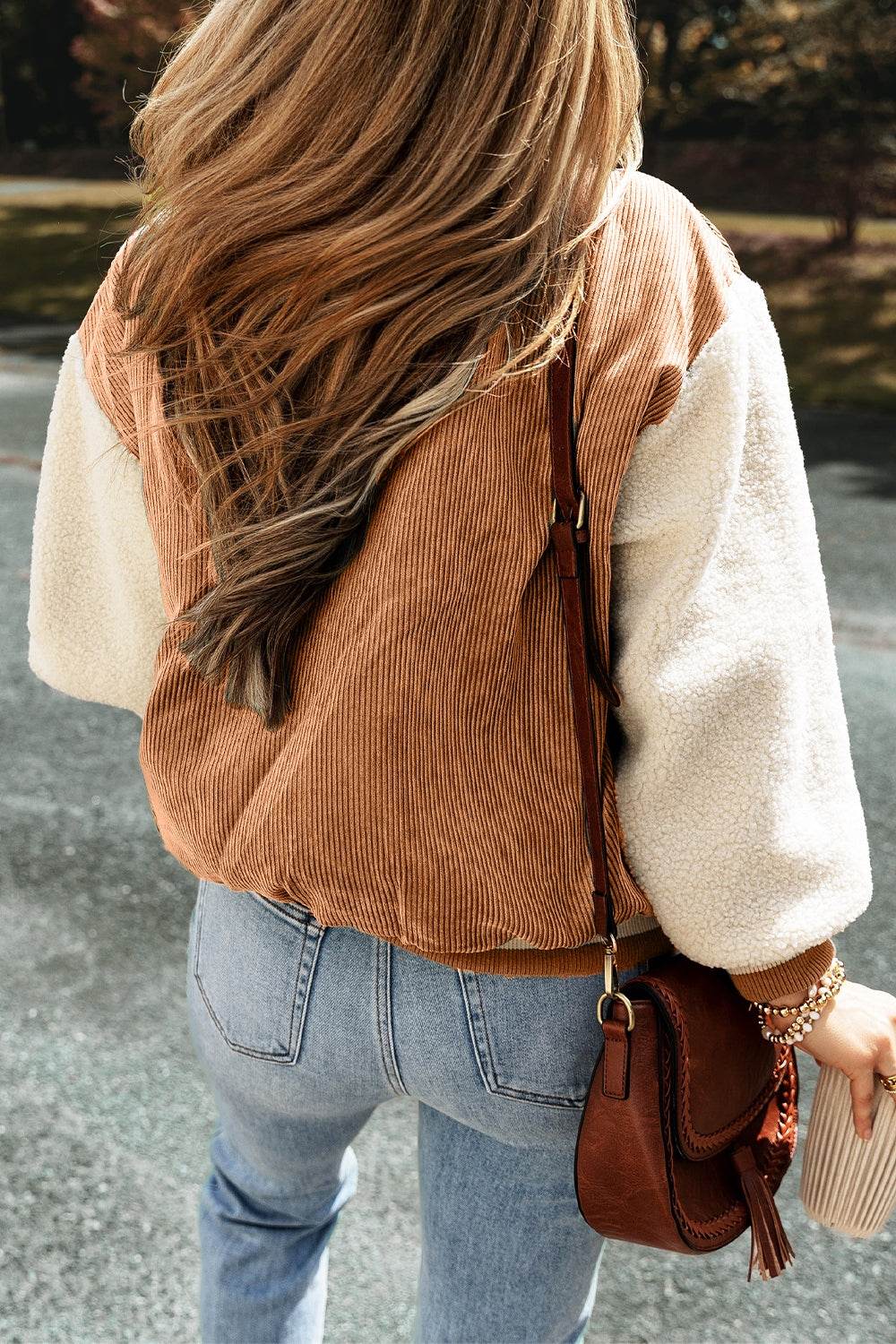Contrast Baseball Collar Snap Down Long Sleeve Jacket - Delanoir