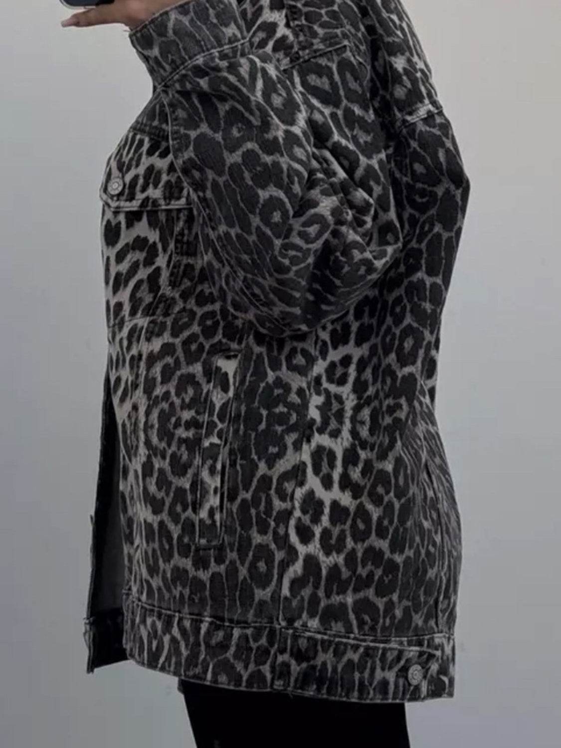Leopard Button Up Long Sleeve Denim Top - Delanoir