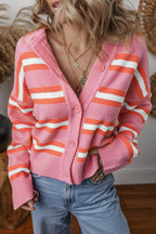 Striped Button Down Long Sleeve Cardigan - Delanoir
