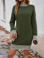 Devine Striped Mock Neck Long Sleeve Sweater Dress - Delanoir