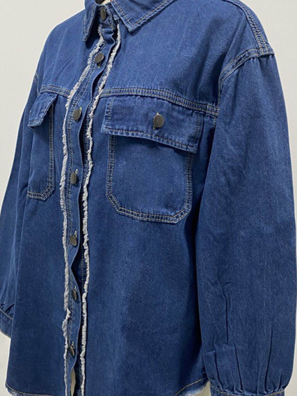 Pocketed Collared Neck Long Sleeve Denim Shirt - Delanoir