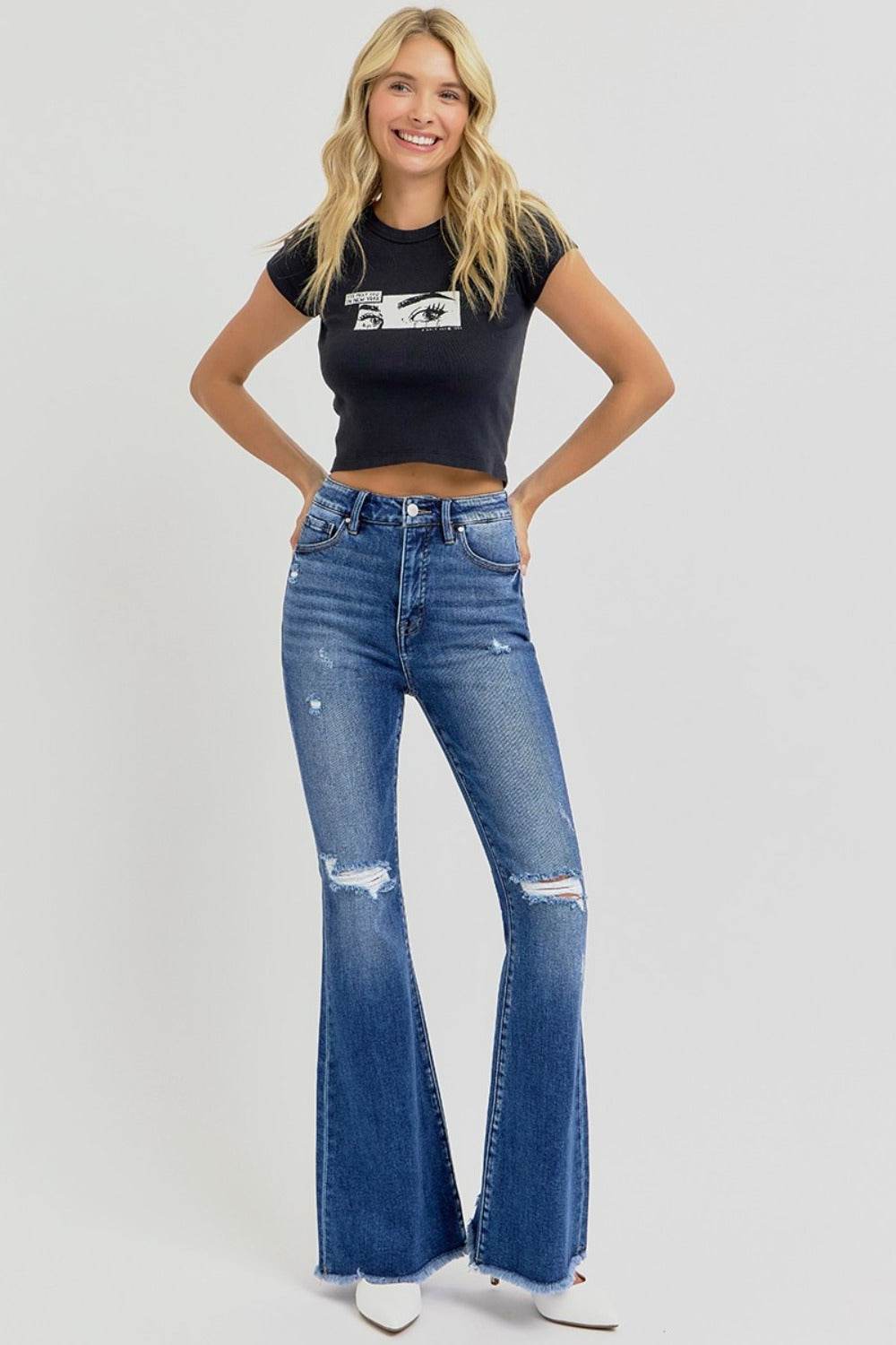 RISEN Full Size High Rise Distressed Raw Hem Flare Jeans - Delanoir