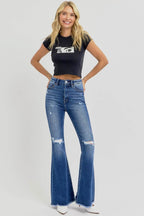 RISEN Full Size High Rise Distressed Raw Hem Flare Jeans - Delanoir