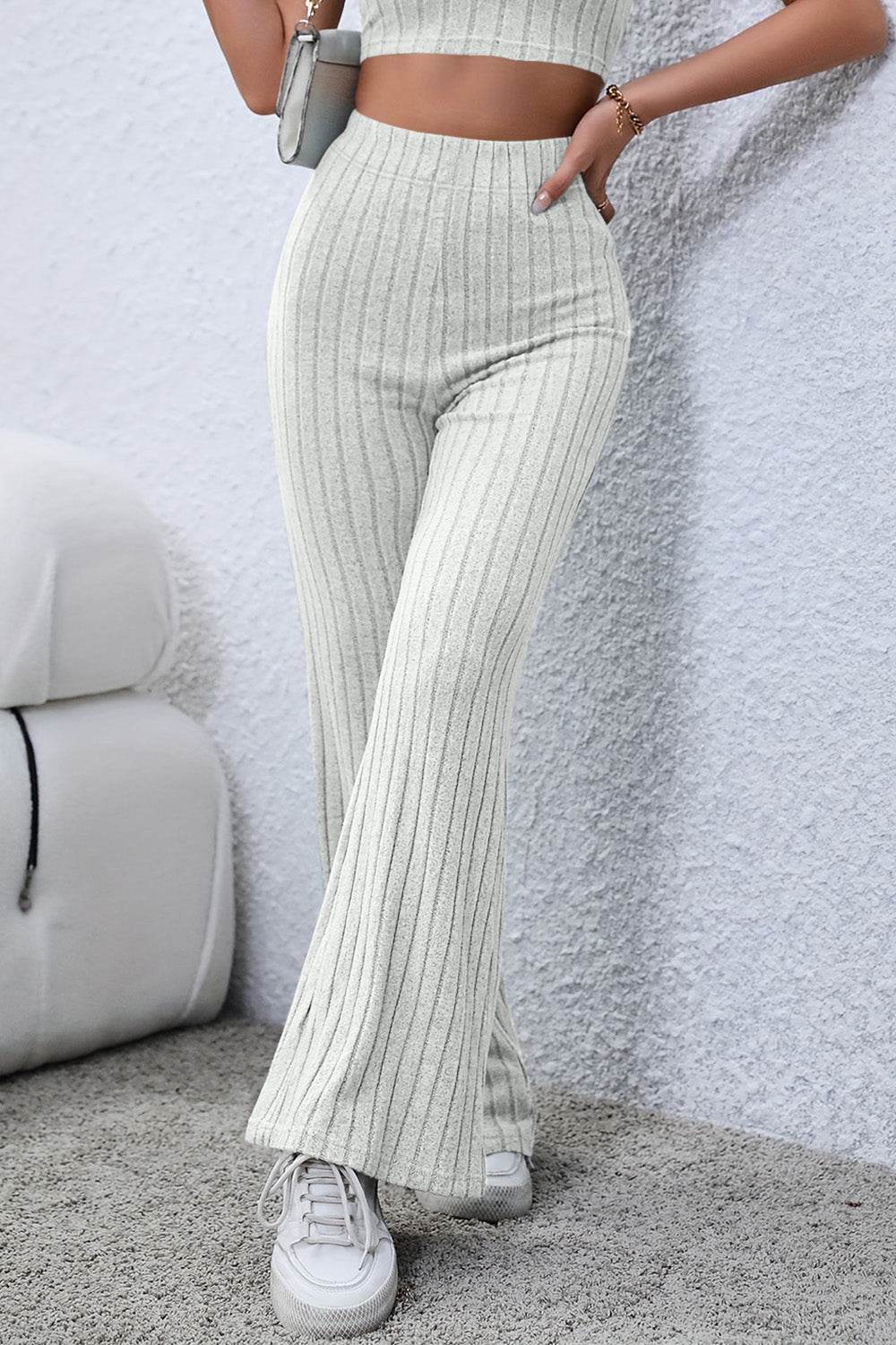 Basic Bae Full Size Ribbed High Waist Flare Pants - Delanoir