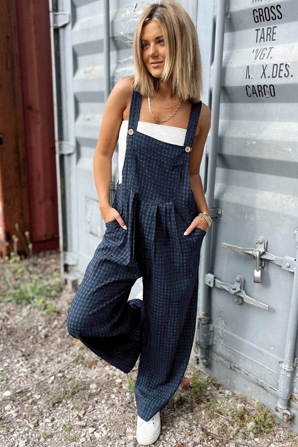 Plaid Wide Strap Wide Leg Overalls - Delanoir