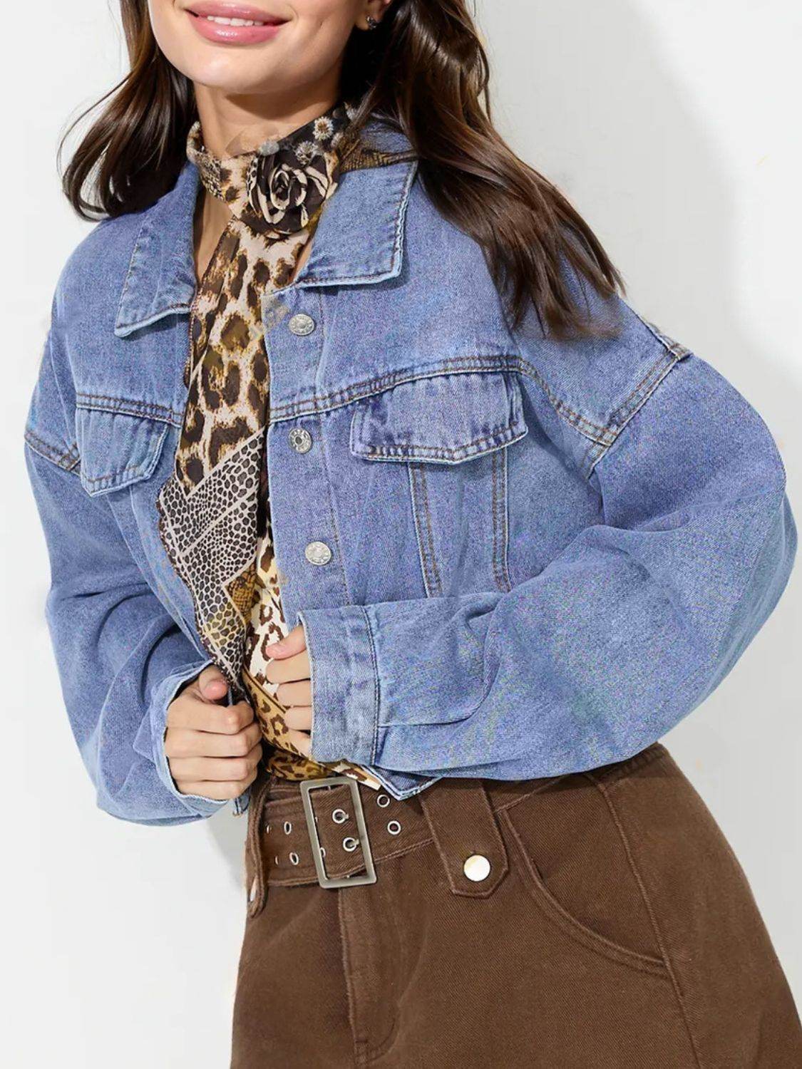 Collared Neck Dropped Shoulder Cropped Denim Top - Delanoir