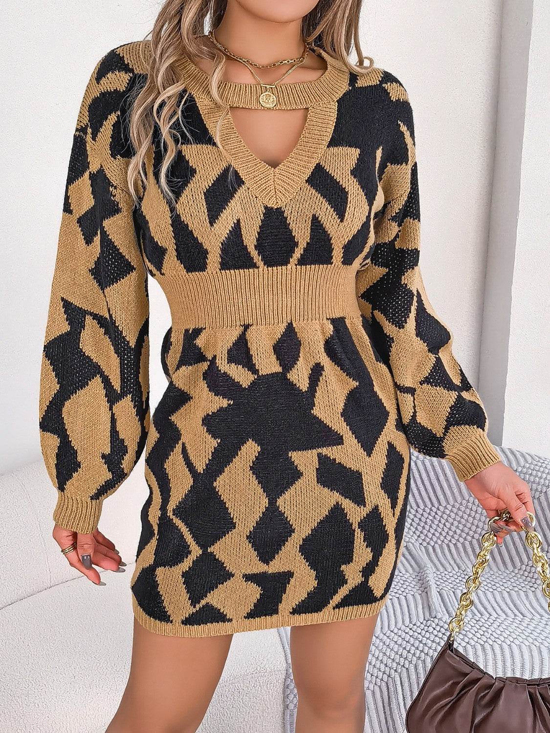 Contrast Round Neck Cutout Long Sleeve Mini Sweater Dress - Delanoir
