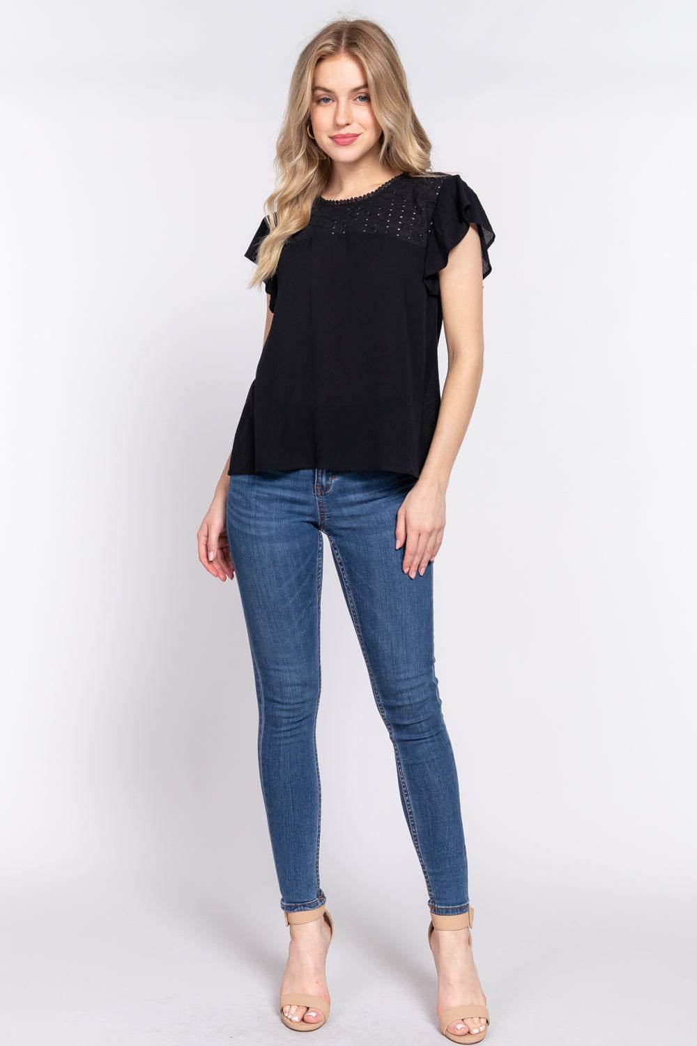 ACTIVE BASIC Ruffle Short Sleeve Crochet Blouse - Delanoir