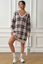 Plaid V-Neck Long Sleeve Sweater Dress - Delanoir