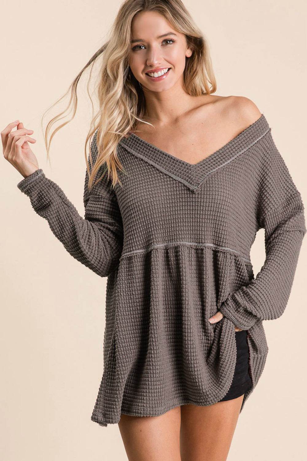 BiBi Waffle Knit V-Neck Babydoll Blouse - Delanoir