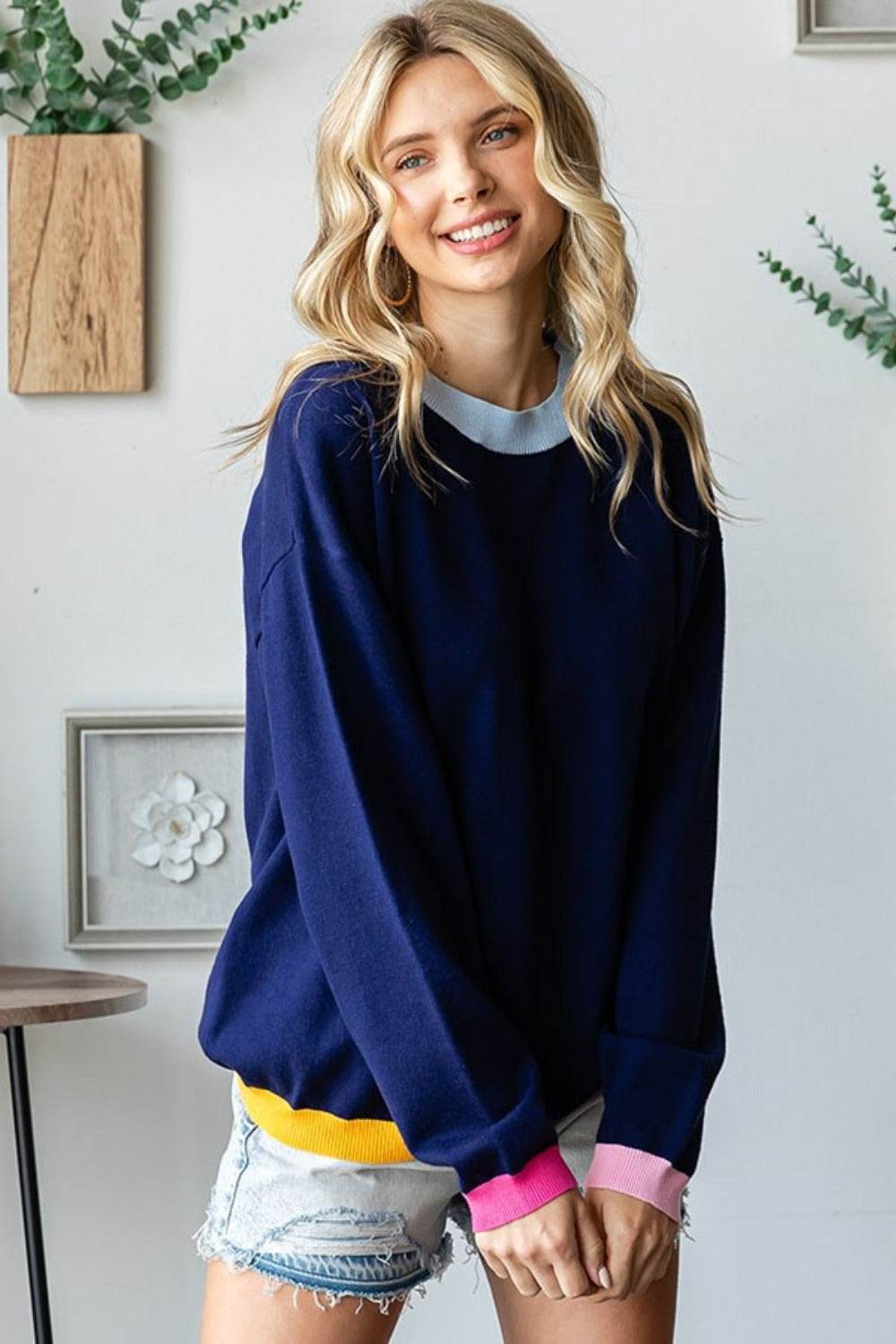 First Love Contrast Ribbed Round Neck Long Sleeve Sweater - Delanoir