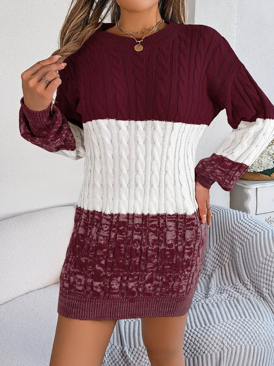 Cable-Knit Round Neck Color Block Sweater Dress - Delanoir