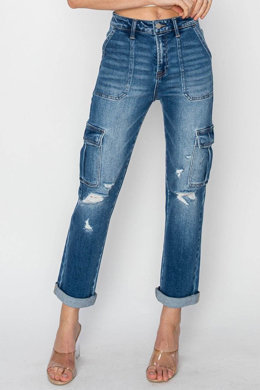 RISEN Full Size High Rise Cargo Ankle Roll Up Straight Jeans - Delanoir