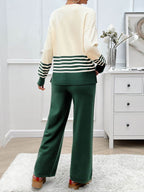 Devine Slit Striped Round Neck Top and Pants Sweater Set - Delanoir