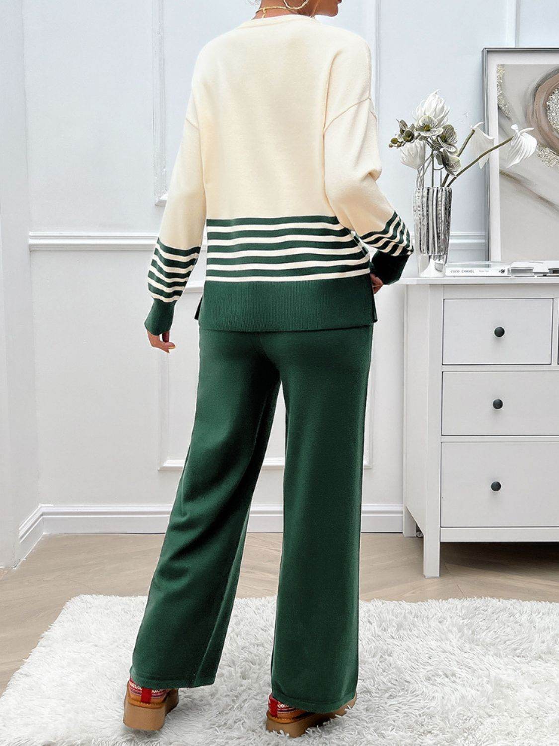 Devine Slit Striped Round Neck Top and Pants Sweater Set - Delanoir