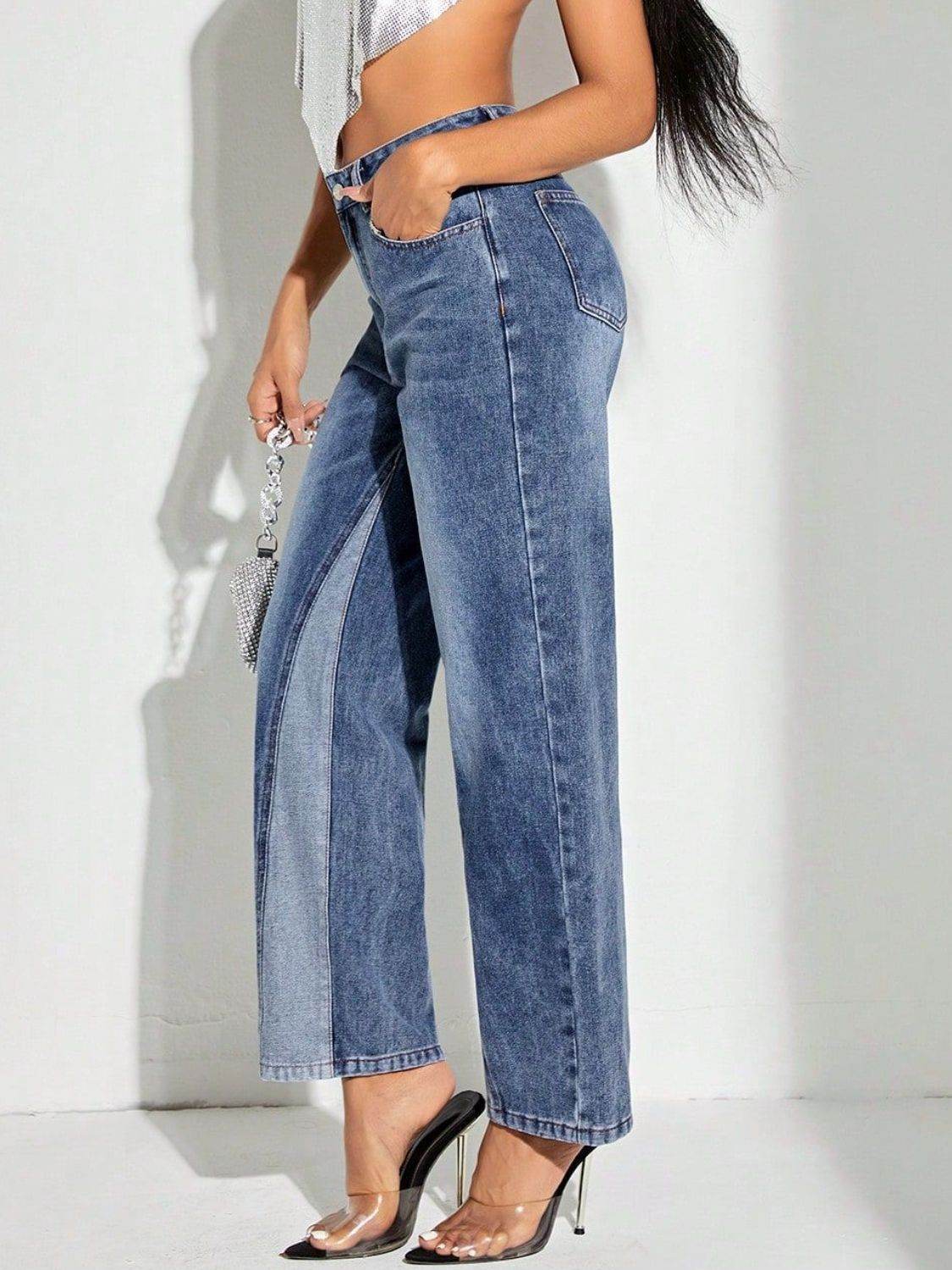 Contrast Patchwork Straight Jeans with Pockets - Delanoir