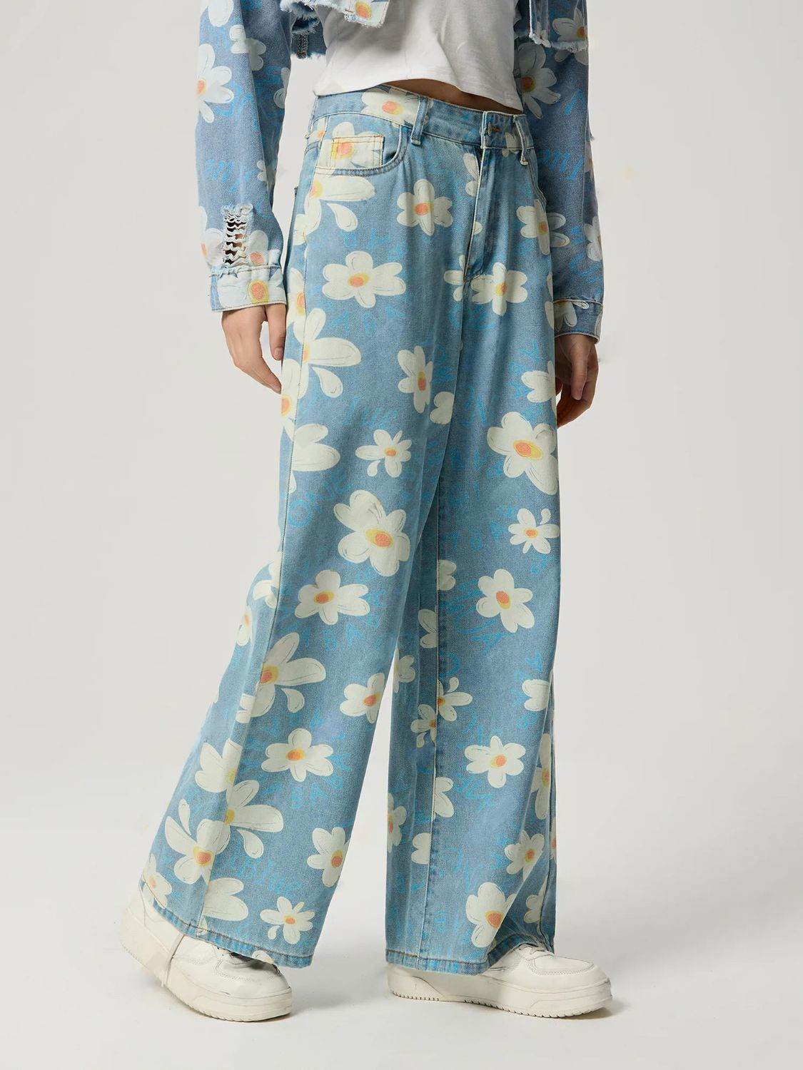 Pocketed Floral Wide Leg Jeans - Delanoir