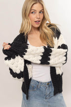 HYFVE Scallop Striped Open Front Long Sleeve Sweater Cardigan - Delanoir