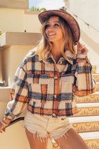 BiBi Brushed Plaid Crop Jacket with Pockets - Delanoir