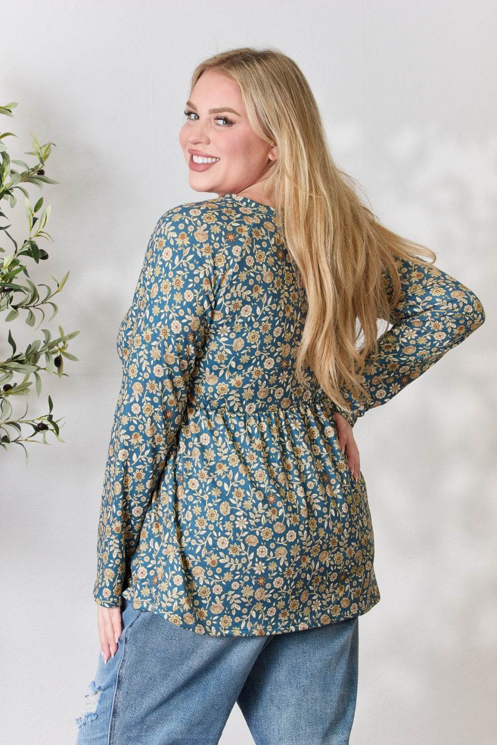 Heimish Full Size Floral Half Button Long Sleeve Blouse - Delanoir