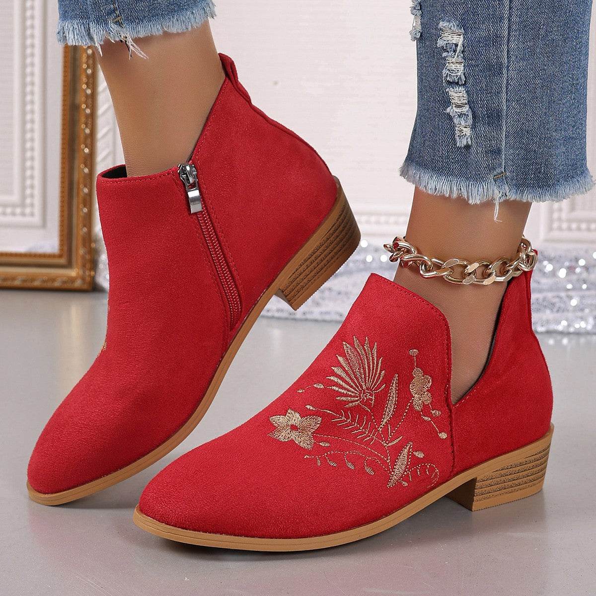 Embroidered Suede Point Toe Block Heel Boots - Delanoir