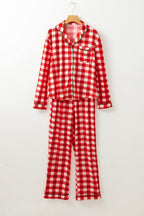 Plaid Collared Neck Long Sleeve Top and Pants Set - Delanoir