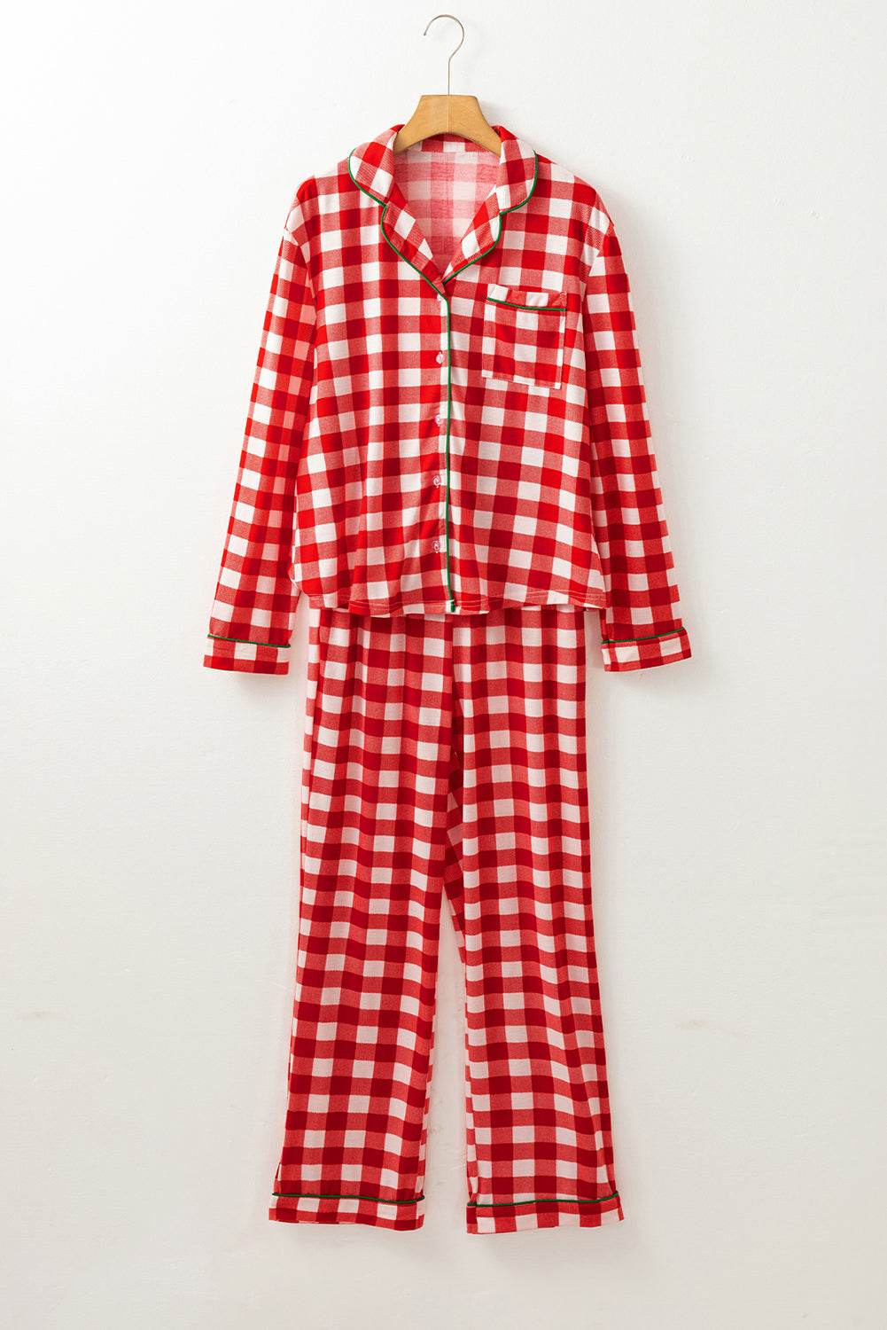 Plaid Collared Neck Long Sleeve Top and Pants Set - Delanoir