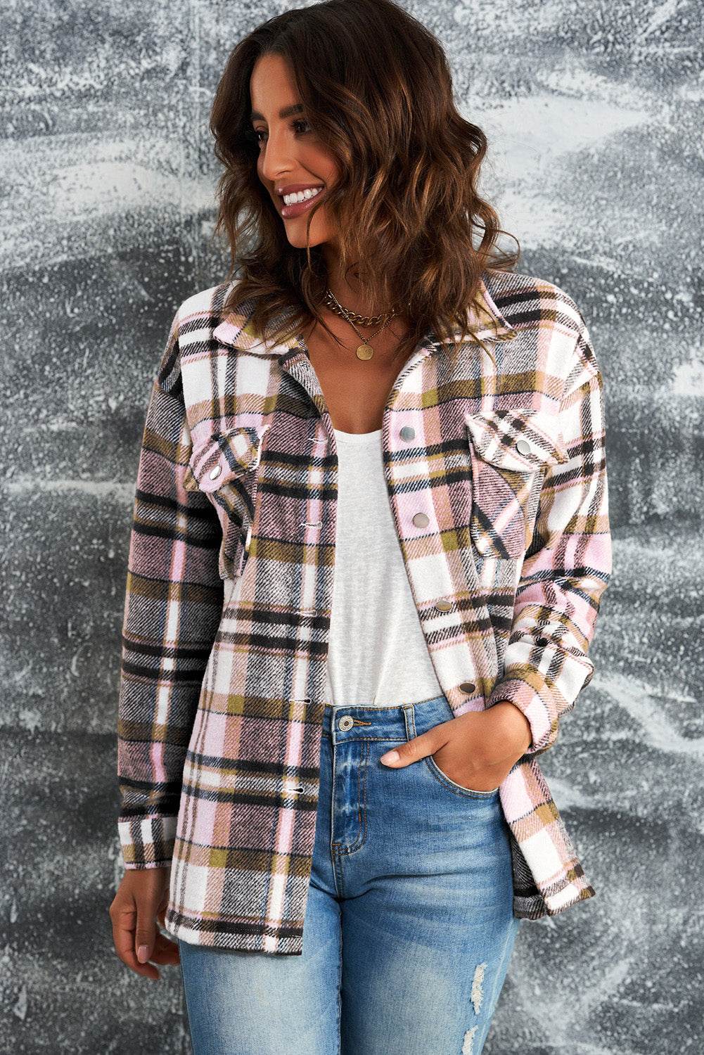 Plaid Button Front Shirt Jacket with Breast Pockets - Delanoir