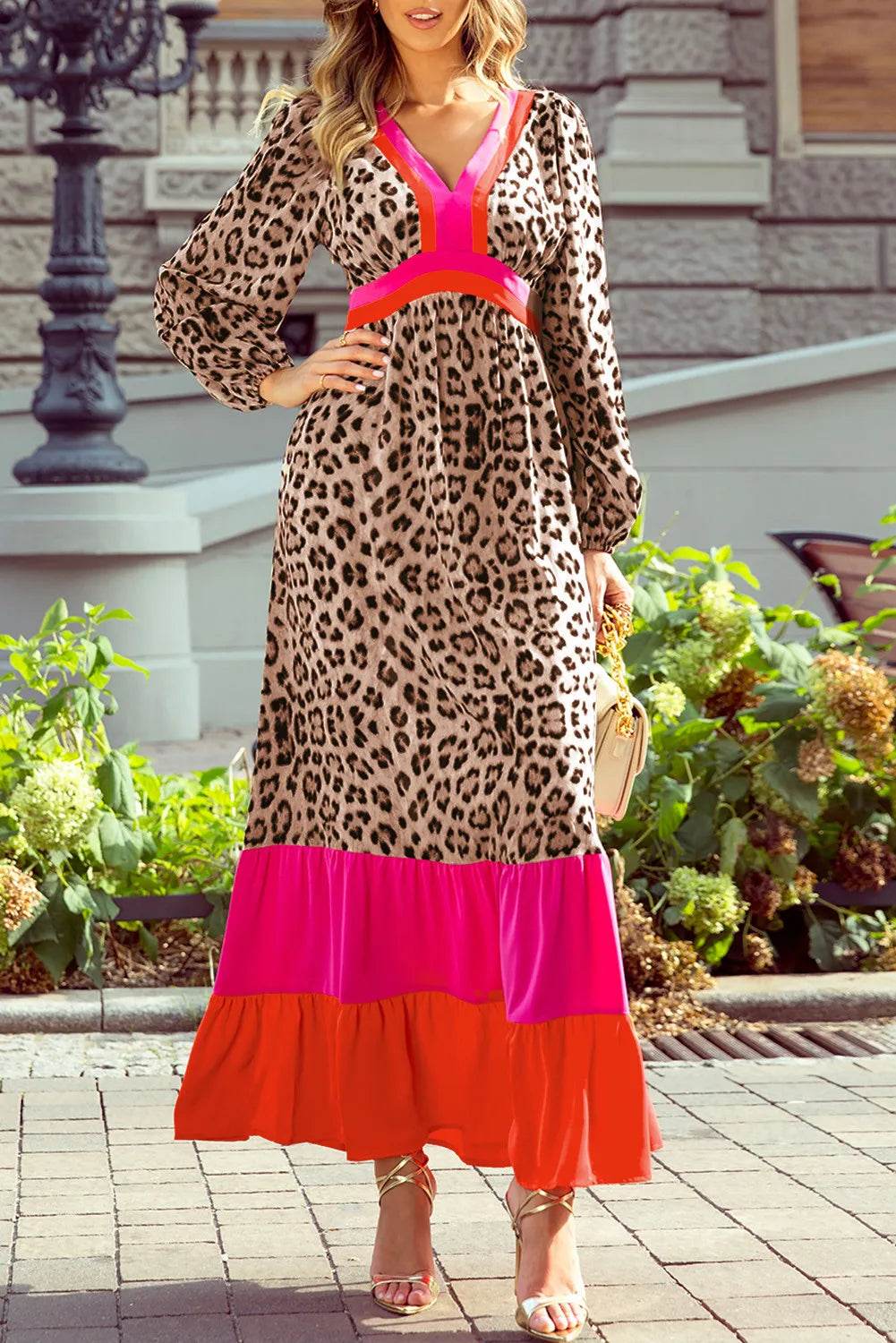 Leopard V-Neck Long Sleeve Maxi Dress - Delanoir