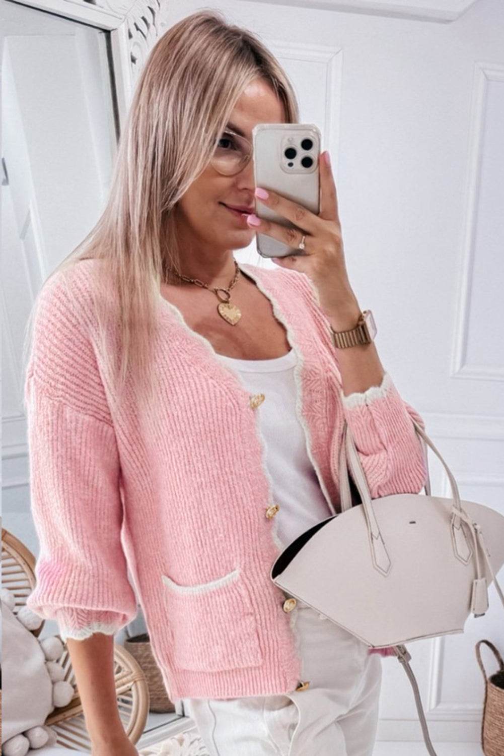 Contrast Trim V-Neck Long Sleeve Cardigan - Delanoir
