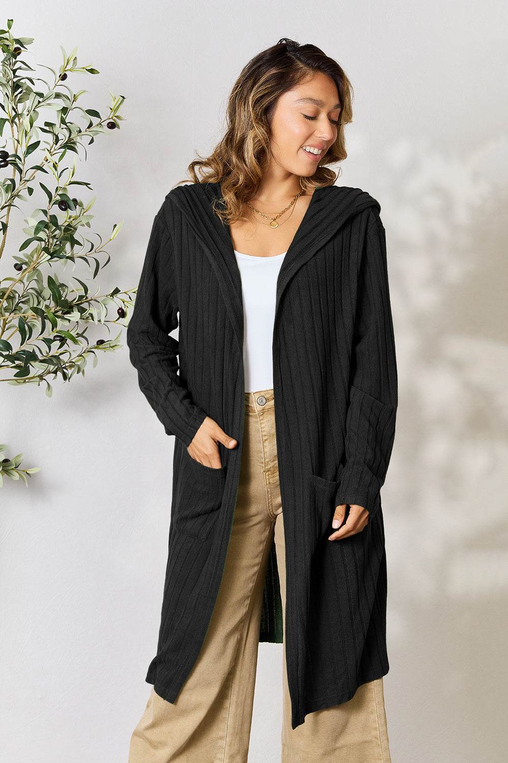 Basic Bae Full Size Hooded Sweater Cardigan - Delanoir