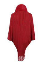 Fringe Detail Long Sleeve Ribbed Poncho - Delanoir