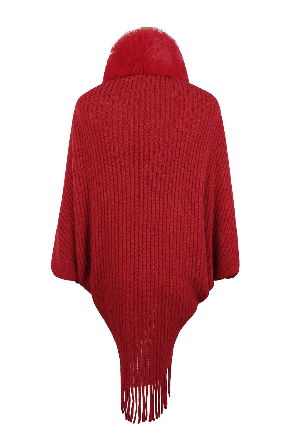 Fringe Detail Long Sleeve Ribbed Poncho - Delanoir