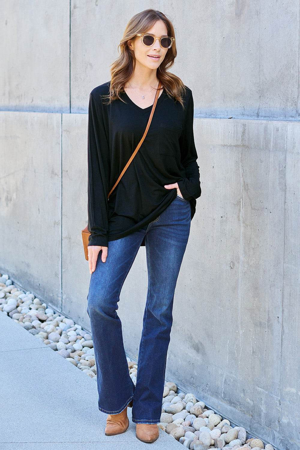 Basic Bae Full Size V-Neck Long Sleeve Top - Delanoir