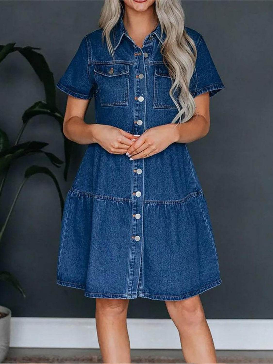 Pocketed Button Up Collared Neck Short Sleeve Denim Dress - Delanoir