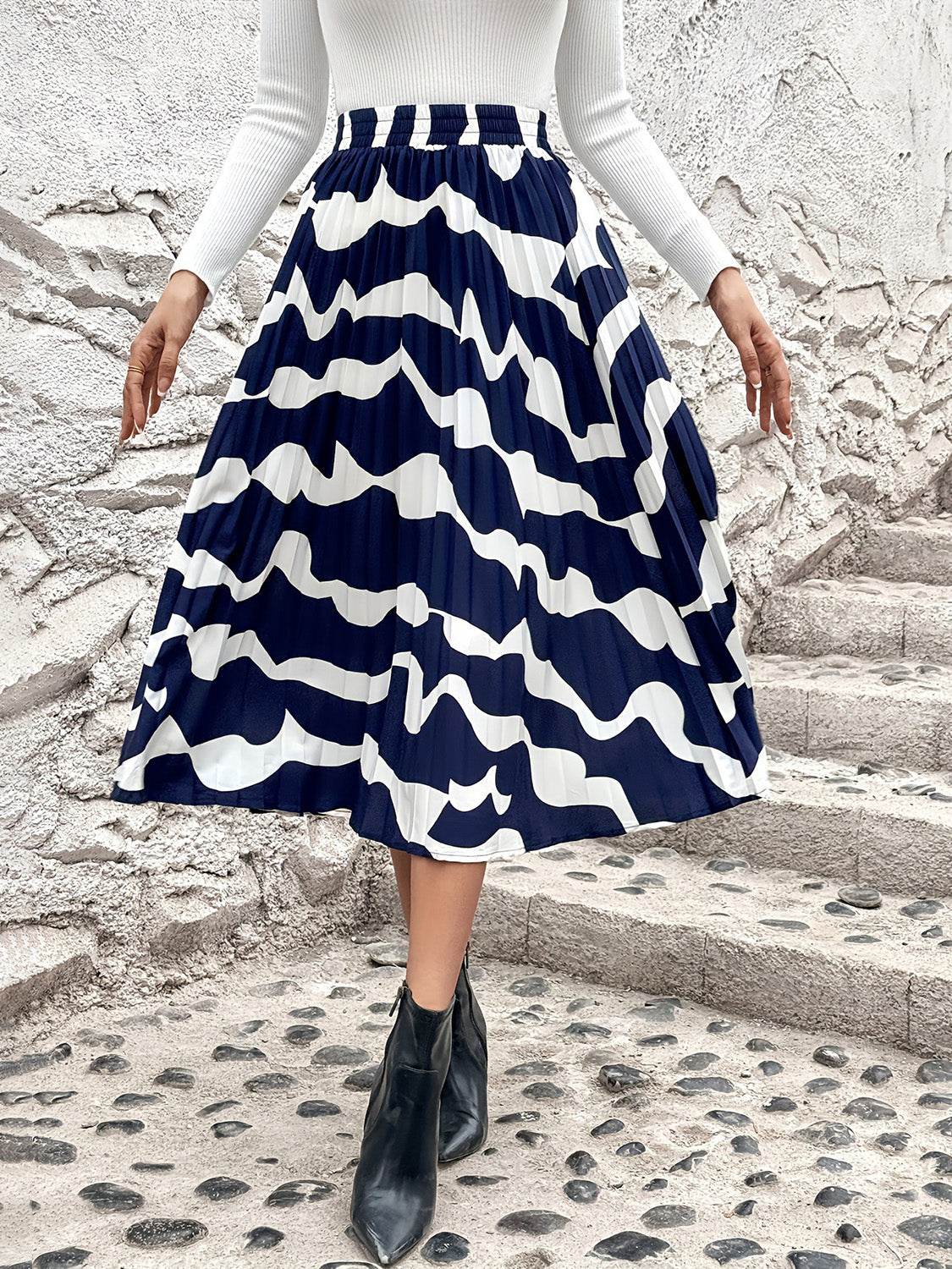 Pleated Printed Elastic Waist Skirt - Delanoir