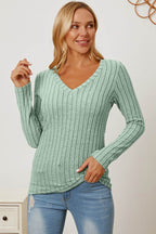 Basic Bae Full Size Ribbed V-Neck Long Sleeve T-Shirt - Delanoir