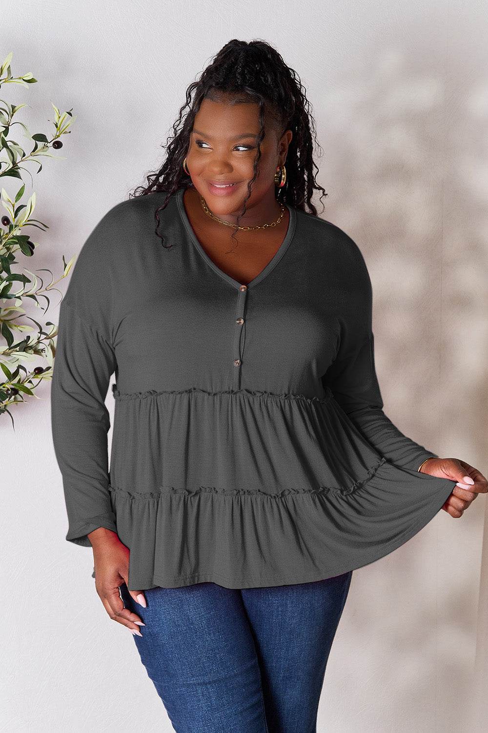 Double Take Half Button Long Sleeve Ruffle Hem Blouse - Delanoir