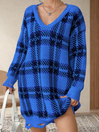 Distressed Plaid V-Neck Long Sleeve Sweater Dress - Delanoir