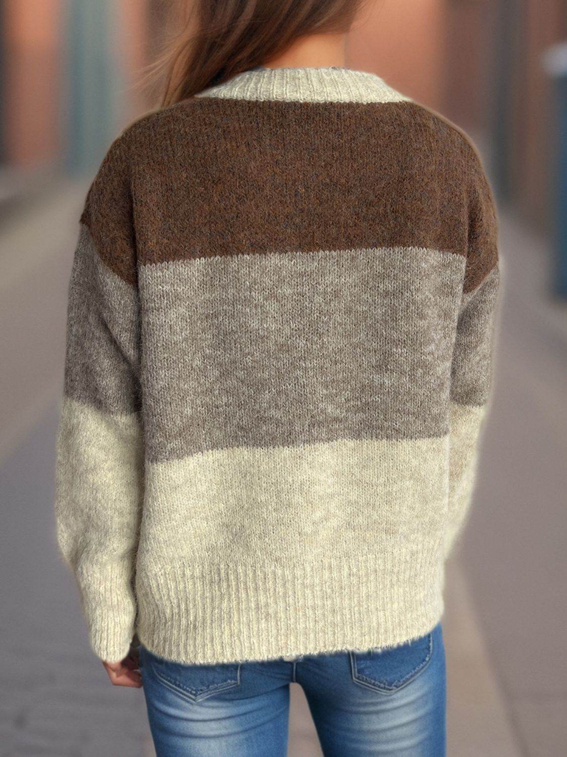 Color Block Round Neck Button Up Cardigan - Delanoir