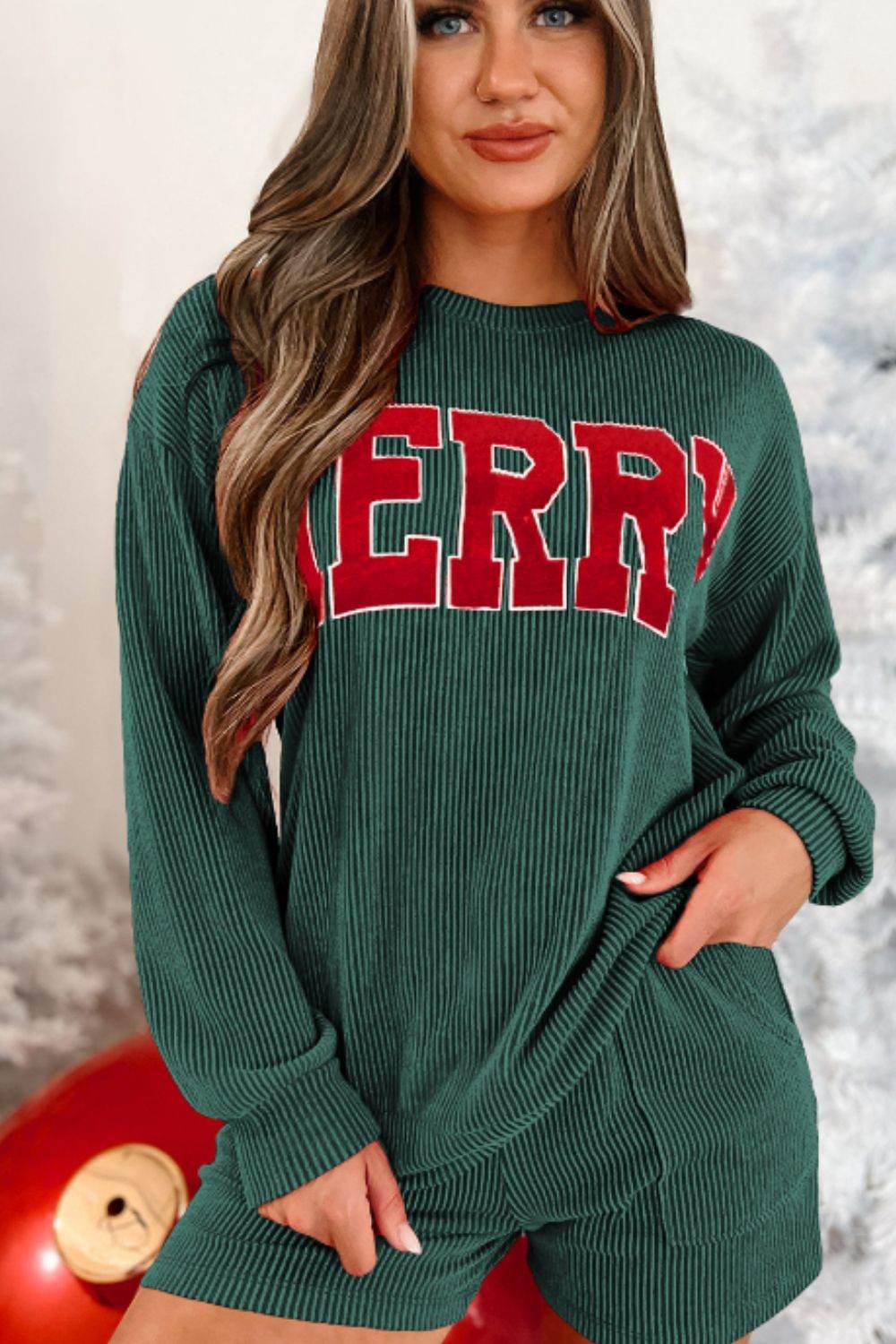 MERRY Round Neck Long Sleeve Top and Shorts Set - Delanoir