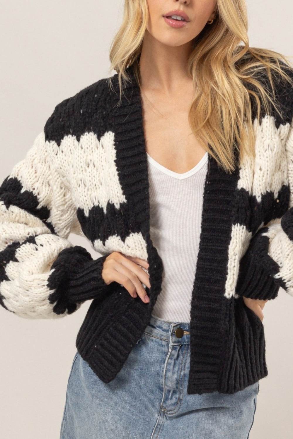 HYFVE Scallop Striped Open Front Long Sleeve Sweater Cardigan - Delanoir