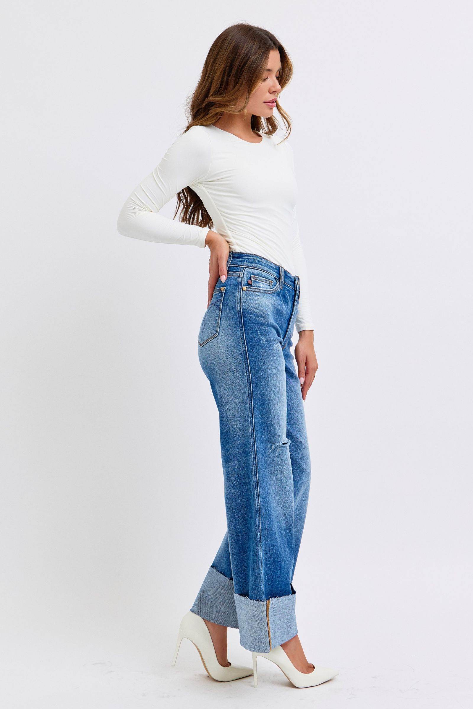 Judy Blue Full Size Distressed High Waist Wide Leg Jeans - Delanoir